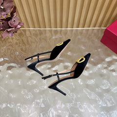 VALENTINO 25S HIGH-HEEL SLINGBACKS IN BLACK VELVET WITH GOLD HARDWARE