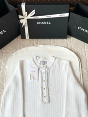 Chanel 25P Long-Sleeve Top White Tweed Pearl Buttons 237299