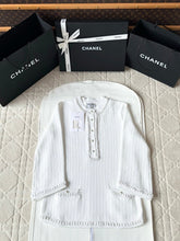Chanel 25P Long-Sleeve Top White Tweed Pearl Buttons 237299