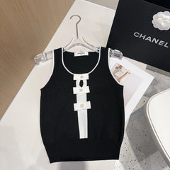 TANK TOP 610340 IN BLACK COTTON RIBBED WHITE BOW