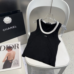 TANK TOP 615176 IN BLACK COTTON RIBBED WHITE TRIM