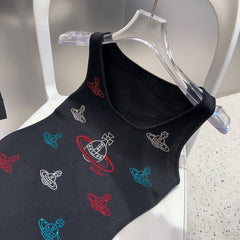 TANK TOP 639168 IN BLACK COTTON RIBBED KNIT EMBOSSED CRYSTAL