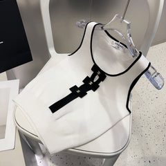 TANK TOP 610341 IN WHITE COTTON RIBBED BLACK BOW