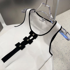TANK TOP 610341 IN WHITE COTTON RIBBED BLACK BOW