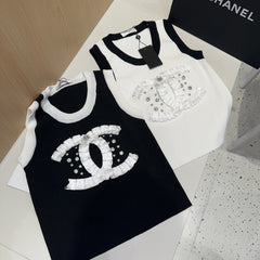 CAMISOLE 627703 IN BLACK COTTON RIBBED KNIT WHITE TRIM