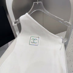 ONE SHOULDER TOP 624508 IN WHITE COTTON MULTICOLOR LOGO