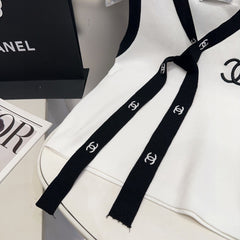 TANK TOP 624514 IN WHITE COTTON RIBBED BLACK TRIM AND BOW