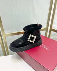VIV’ WINTER FUR STRASS BUCKLE ANKLE BOOTS IN BLACK PATENT CALFSKIN
