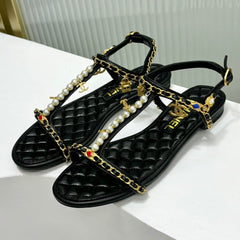 SANDALS PEARL CHAIN IN BLACK COWHIDE