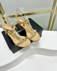 HIGH HEELS PEARL CHAIN IN BEIGE CREAM COWHIDE