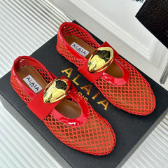 ALAIA MARY JANE SHOES IN CHERRY RED MESH WITH GOLD HARDWARE