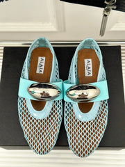 ALAIA MARY JANE SHOES IN SKY BLUE MESH WITH SILVER HARDWARE