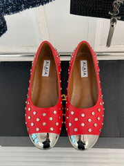 STUD-EMBELLISHED BALLET FLATS IN CHERRY RED CALFSKIN