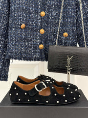 CROSSED STRAP BALLET FLATS IN BLACK SUEDE