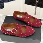 CROSSED STRAP BALLET FLATS IN BERRY RED SUEDE