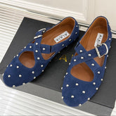CROSSED STRAP BALLET FLATS IN NAVY BLUE SUEDE