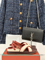 SANDALS THICK SOLE CROSS STRAP IN BEIGE FABRIC AND ORANGE CALFSKIN