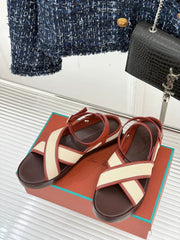 SANDALS THICK SOLE CROSS STRAP IN BEIGE FABRIC AND ORANGE CALFSKIN