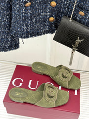 SLIDE SANDALS IN MOSS GREEN FABRIC EMBOSSED LOGO STYLE 2