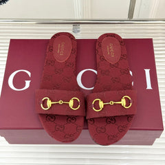 SLIDE SANDALS IN RED FABRIC EMBOSSED LOGO