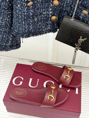 SLIDE SANDALS IN RED CALFSKIN WITH GOLD HARDWARE