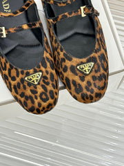 PRADA 25S DUAL MARY JANE BALLERINA MULES IN LEOPARD PRINT PONY HAIR
