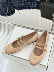 PRADA 25S DOUBLE STRAP BALLERINAS IN NUDE SATIN