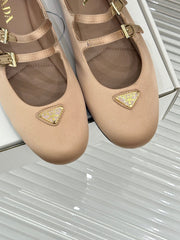 PRADA 25S DOUBLE STRAP BALLERINAS IN NUDE SATIN