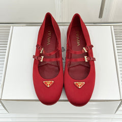 PRADA 25S DOUBLE STRAP BALLERINAS IN RED WINE SATIN