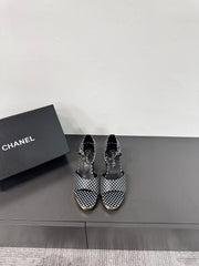 BLOCK HEEL SANDALS BLACK POLKA DOT SHEEPSKIN