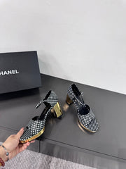 BLOCK HEEL SANDALS BLACK POLKA DOT SHEEPSKIN