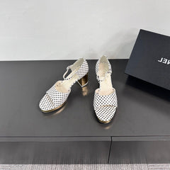 BLOCK HEEL SANDALS WHITE POLKA DOT SHEEPSKIN
