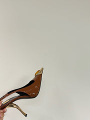 ORANGE GEM-STUDDED SLINGBACK PUMPS IN BRONZE BROWN PATENT CALFSKIN