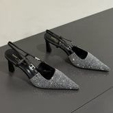 HIGH SLINGBACKS POINTED-TOE IN BLACK LAMBSKIN WITH SILVER CRYSTALS