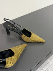 HIGH SLINGBACKS POINTED-TOE IN METALLIC GOLD LAMBSKIN WITH CRYSTALS