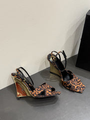 YSL STRAPPY WEDGE SANDALS 25S IN LEOPARD PRINT FABRIC