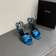 YSL STRAPPY WEDGE SANDALS 25S IN DARK BLUE SATIN