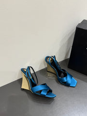 YSL STRAPPY WEDGE SANDALS 25S IN DARK BLUE SATIN