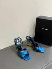 YSL STRAPPY WEDGE SANDALS 25S IN DARK BLUE SATIN