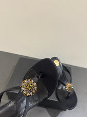 YSL HEELED THONG SANDALS 25S IN BLACK SATIN WITH CRYSTAL