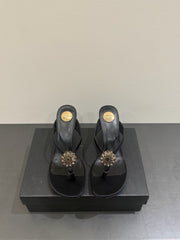 YSL HEELED THONG SANDALS 25S IN BLACK SATIN WITH CRYSTAL