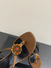YSL HEELED THONG SANDALS 25S IN BROWN SATIN WITH CRYSTAL
