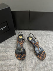 YSL WEDGE THONG SANDALS 25S IN LEOPARD LAMBSKIN WITH GOLD HARDWARE