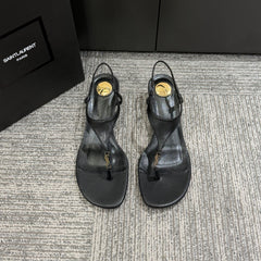 YSL WEDGE THONG SANDALS 25S IN BLACK LAMBSKIN WITH GOLD HARDWARE