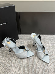YSL HEELED SANDALS 25S 100 MM IN LIGHT SLATE BLUE LAMBSKIN