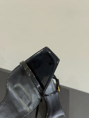 YSL KITTEN HEEL SANDALS 25S IN BLACK GLOSSY LAMBSKIN