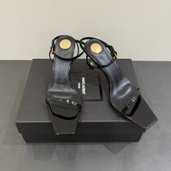 YSL KITTEN HEEL SANDALS 25S IN BLACK GLOSSY LAMBSKIN