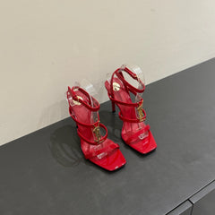 YSL SINGLE-STRAP HEELED SANDALS 25S IN RED LAMBSKIN