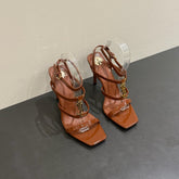YSL SINGLE-STRAP HEELED SANDALS 25S IN BROWN LAMBSKIN