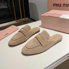 MULES SLIPPERS KHAKI COLOR SUEDE WITH GOLD COIN